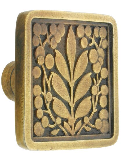 Square Mountain Ash Knob - 1 3/8 inch x 1 3/8 inch in Antique Brass.